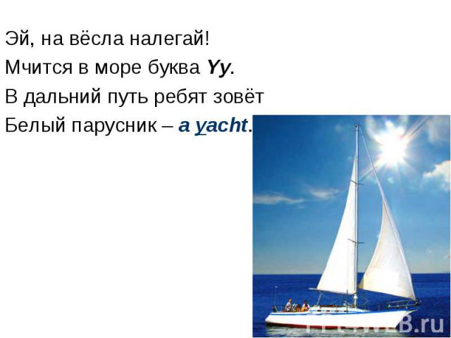 Эй, на вёсла налегай! Мчится в море буква Yy. В дальний путь ребят зовёт Белый парусник – a yacht.