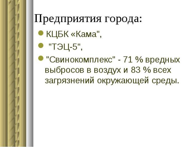 Предприятия города: КЦБК «Кама", "ТЭЦ-5", "Свинокомплекс" - 71 % вредных выбросов в воздух и 83 % всех загрязнений окружающей среды.
