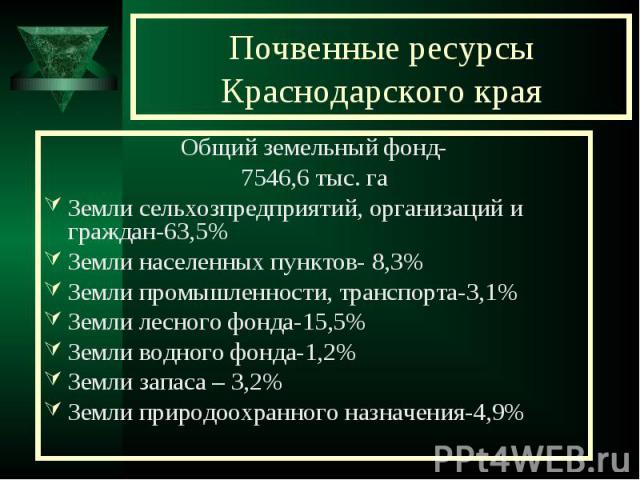 Общий земельный фонд- Общий земельный фонд- 7546,6 тыс. га Земли сельхозпредприятий, организаций и граждан-63,5% Земли населенных пунктов- 8,3% Земли промышленности, транспорта-3,1% Земли лесного фонда-15,5% Земли водного фонда-1,2% Земли запаса – 3…