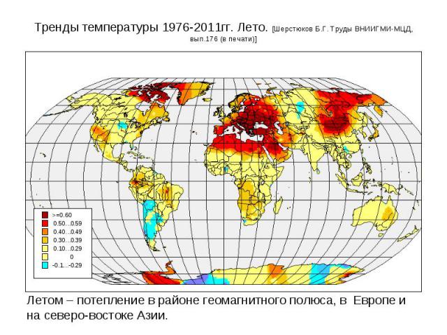 Летом – потепление в районе геомагнитного полюса, в Европе и на северо-востоке Азии. Летом – потепление в районе геомагнитного полюса, в Европе и на северо-востоке Азии.