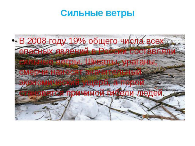 Сильные ветры В 2008 году 19% общего числа всех опасных явлений в России составляли сильные ветры. Шквалы, ураганы, смерчи наносят значительный экономический ущерб, а порой становятся причиной гибели людей.