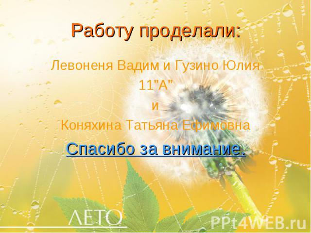 Работу проделали: Левоненя Вадим и Гузино Юлия 11”А” и Коняхина Татьяна Ефимовна Спасибо за внимание.