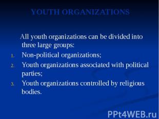 All youth organizations can be divided into three large groups: All youth organi