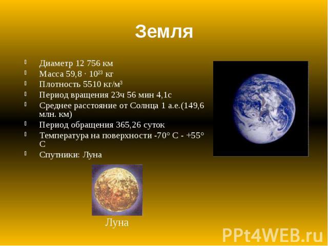 Земля Диаметр 12 756 км Масса 59,8 · 10²³ кг Плотность 5510 кг/м³ Период вращения 23ч 56 мин 4,1с Среднее расстояние от Солнца 1 а.е.(149,6 млн. км) Период обращения 365,26 суток Температура на поверхности -70° С - +55° С Спутники: Луна