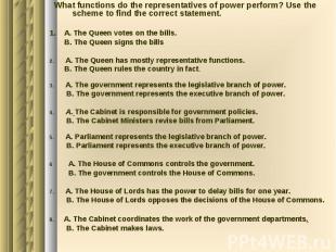 What functions do the representatives of power perform? Use the scheme to find t