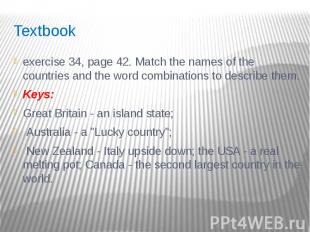 Textbook exercise 34, page 42. Match the names of the countries and the word com