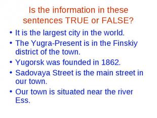 Is the information in these sentences TRUE or FALSE?It is the largest city in th