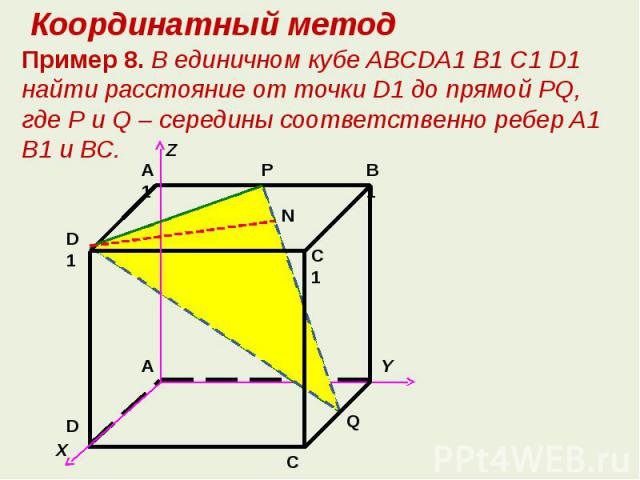 Координатный методПример 8. В единичном кубе ABCDA1 B1 C1 D1 найти расстояние от точки D1 до прямой РQ, где Р и Q – середины соответственно ребер A1 B1 и ВС.