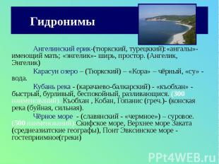 Гидронимы Ангелинский ерик-(тюркский, турецккий):«ангалы»- имеющий мать; «энгели