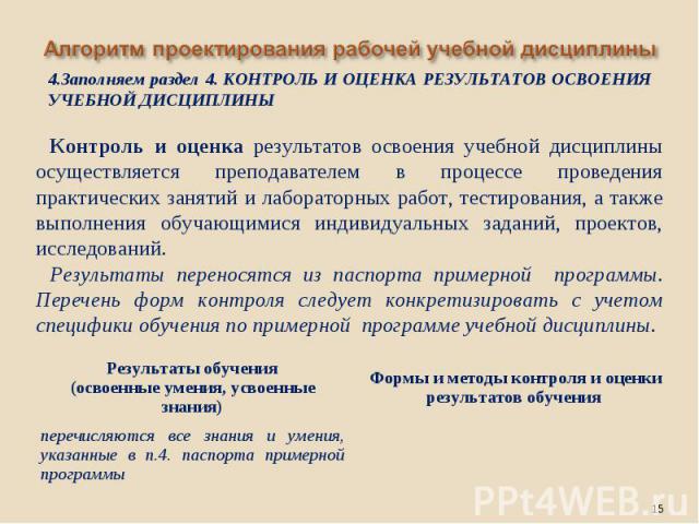 Алгоритм проектирования рабочей учебной дисциплины4.Заполняем раздел 4. КОНТРОЛЬ И ОЦЕНКА РЕЗУЛЬТАТОВ ОСВОЕНИЯ УЧЕБНОЙ ДИСЦИПЛИНЫКонтроль и оценка результатов освоения учебной дисциплины осуществляется преподавателем в процессе проведения практическ…