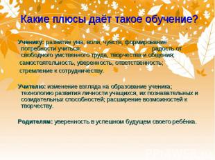 Какие плюсы даёт такое обучение? Ученику: развитие ума, воли, чувств, формирован