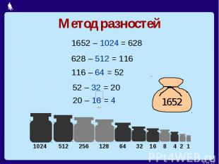 Метод разностей1652 – 1024 = 628628 – 512 = 116