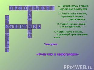 Раздел науки, о языке, изучающий звуки речи.2. Раздел науки о языке, изучающий н