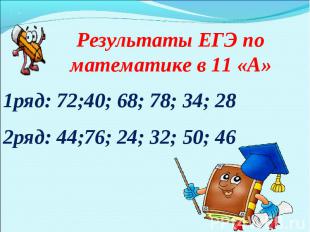 Результаты ЕГЭ по математике в 11 «А»1ряд: 72;40; 68; 78; 34; 282ряд: 44;76; 24;