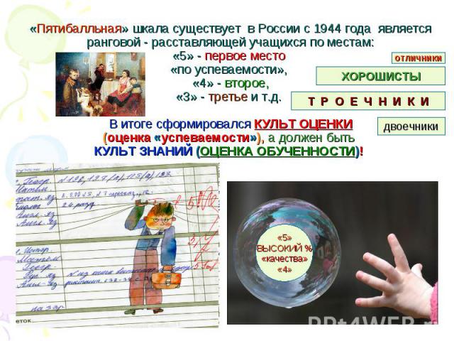 «Пятибалльная» шкала существует в России с 1944 года является ранговой - расставляющей учащихся по местам:«5» - первое место «по успеваемости», «4» - второе,«3» - третье и т.д. В итоге сформировался КУЛЬТ ОЦЕНКИ(оценка «успеваемости»), а должен быть…