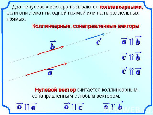 Два ненулевых вектора называются коллинеарными, если они лежат на одной прямой или на параллельных прямых.Коллинеарные, сонаправленные векторы Нулевой вектор считается коллинеарным, сонаправленным с любым вектором.