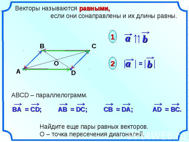 Векторы называются равными, если они сонаправлены и их длины равны.Найдите еще пары равных векторов. О – точка пересечения диагоналей.