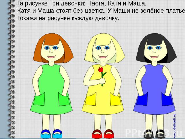 На рисунке три девочки: Настя, Катя и Маша. Катя и Маша стоят без цветка. У Маши не зелёное платье. Покажи на рисунке каждую девочку.