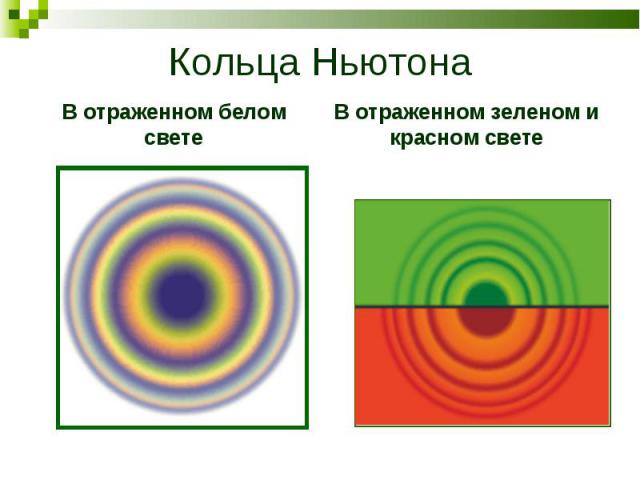 Кольца НьютонаВ отраженном белом светеВ отраженном зеленом и красном свете