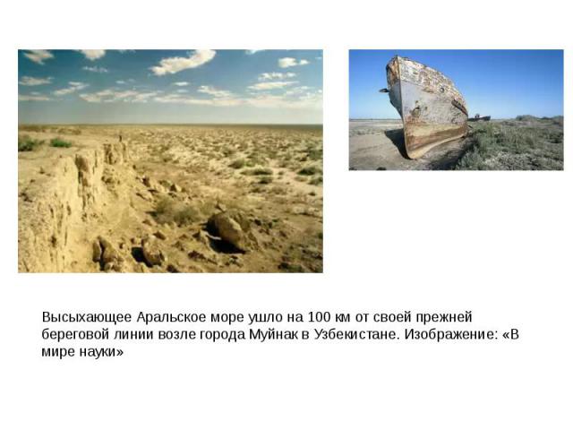 Высыхающее Аральское море ушло на 100 км от своей прежней береговой линии возле города Муйнак в Узбекистане. Изображение: «В мире науки»
