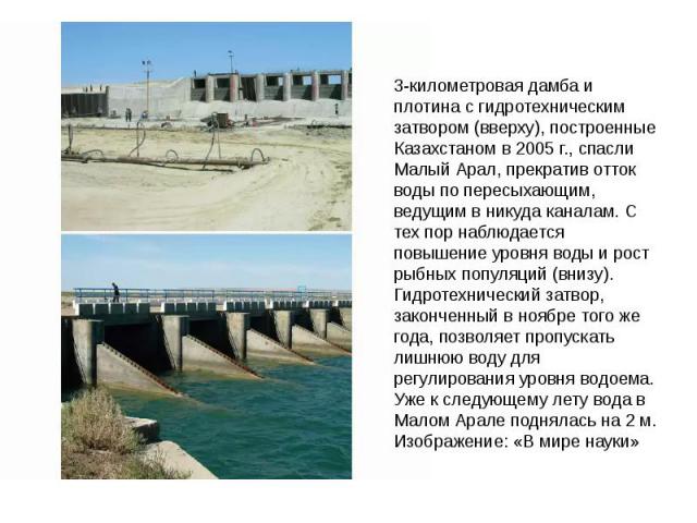 3-километровая дамба и плотина с гидротехническим затвором (вверху), построенные Казахстаном в 2005 г., спасли Малый Арал, прекратив отток воды по пересыхающим, ведущим в никуда каналам. С тех пор наблюдается повышение уровня воды и рост рыбных попу…