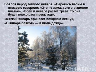 Боялся народ теплого января: «Берегись весны в январе»; говорили: «Это не зима,