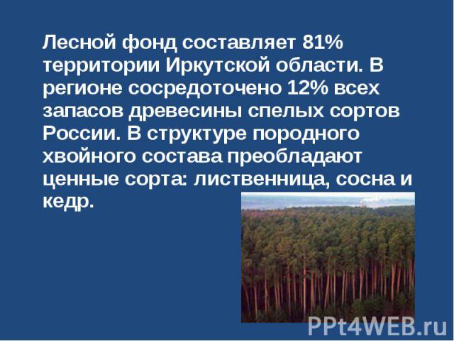 Лесной фонд составляет 81% территории Иркутской области. В регионе сосредоточено 12% всех запасов древесины спелых сортов России. В структуре породного хвойного состава преобладают ценные сорта: лиственница, сосна и кедр.
