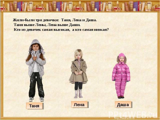 Жили-были три девочки: Таня, Лена и Даша. Таня выше Лены, Лена выше Даши. Кто из девочек самая высокая, а кто самая низкая?