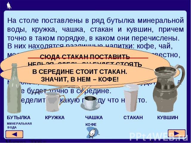 На столе поставлены в ряд бутылка минеральной воды, кружка, чашка, стакан и кувшин, причем точно в таком порядке, в каком они перечислены.В них находятся различные напитки: кофе, чай, молоко, квас и минеральная вода, но неизвестно, какой напиток в к…