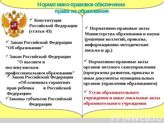 Нормативно-правовое обеспечение права на образование Конституция Российской Федерации (статья 43) Закон Российской Федерации 