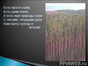 Есть просто храм,Есть храм науки. А есть ещё природы храм-С лесами, тянущими рук