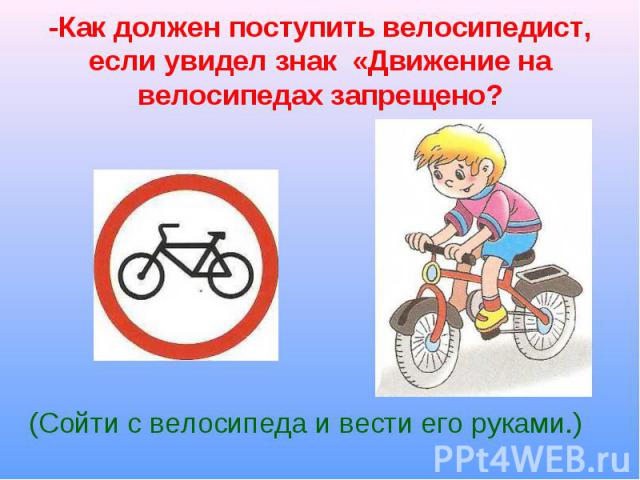 -Как должен поступить велосипедист, если увидел знак «Движение на велосипедах запрещено?(Сойти с велосипеда и вести его руками.)