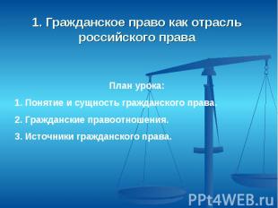 1. Гражданское право как отрасль российского права План урока:Понятие и сущность
