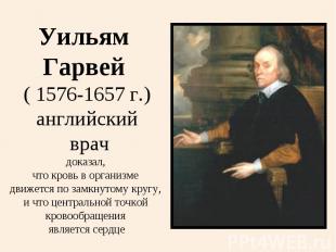 Уильям Гарвей ( 1576-1657 г.)английский врачдоказал, что кровь в организме движе