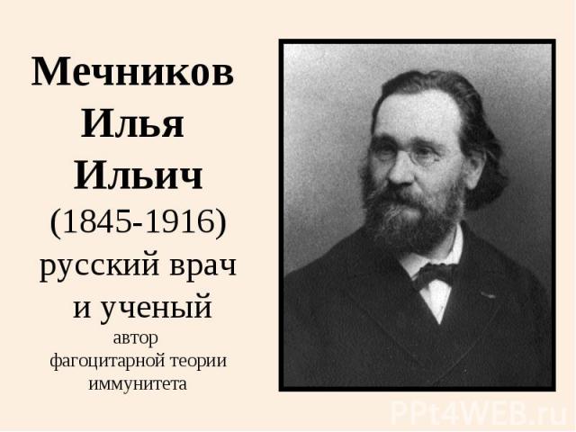 Мечников Илья Ильич(1845-1916)русский врач и ученыйавтор фагоцитарной теориииммунитета