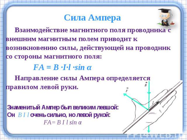 Сила Ампера Взаимодействие магнитного поля проводника с внешним магнитным полем приводит к возникновению силы, действующей на проводник со стороны магнитного поля:FА = B ∙I∙l ∙sin αНаправление силы Ампера определяется правилом левой руки. Знаменитый…