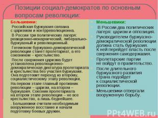 Позиции социал-демократов по основным вопросам революции:Большевики: Российская