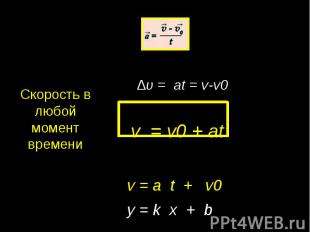 Скорость в любой момент времени ∆υ = at = v-v0 v = v0 + at v = a t + v0 y = k x