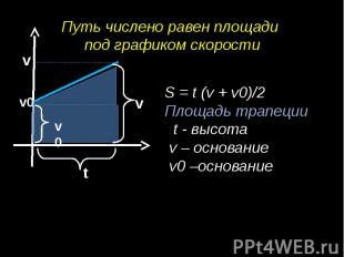 Путь числено равен площади под графиком скоростиS = t (v + v0)/2Площадь трапеции