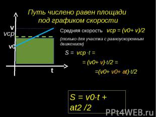 Путь числено равен площади под графиком скоростиСредняя скорость vср = (v0+ v)/2