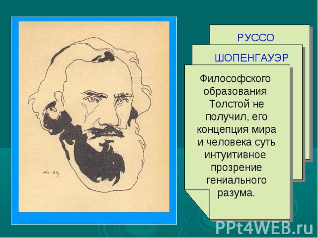 РУССО ШОПЕНГАУЭР Философского образования Толстой не получил, егоконцепция мираи человека сутьинтуитивное прозрение гениального разума.