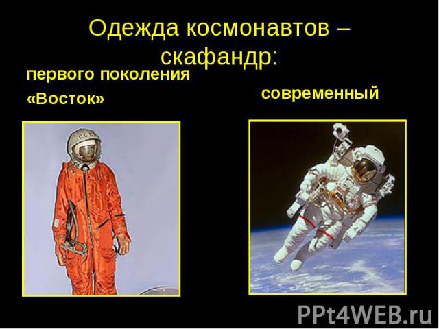 Одежда космонавтов – скафандр: первого поколения«Восток» современный