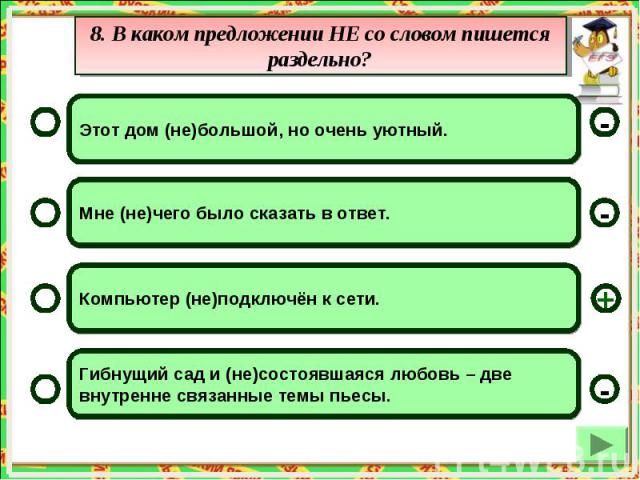 8. В каком предложении НЕ со словом пишется раздельно?Этот дом (не)большой, но очень уютный.Мне (не)чего было сказать в ответ.Компьютер (не)подключён к сети.Гибнущий сад и (не)состоявшаяся любовь – две внутренне связанные темы пьесы.