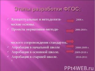 Этапы разработки ФГОС:Концептуальные и методологи- 2006 г. ческие основы. Проект