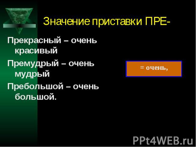 Значение приставки ПРЕ-Прекрасный – очень красивыйПремудрый – очень мудрыйПребольшой – очень большой.