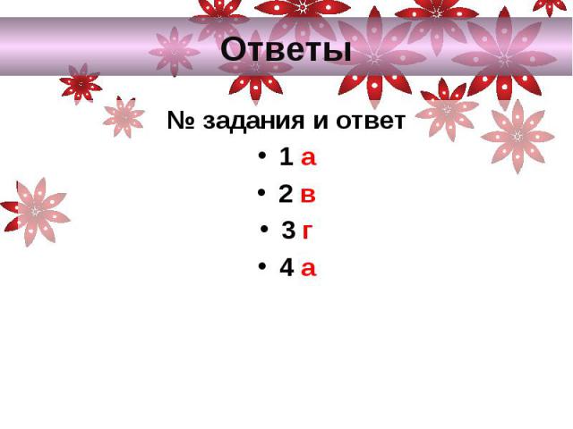 Ответы№ задания и ответ1 а2 в3 г4 а