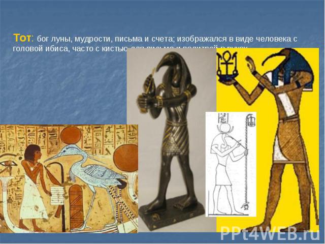 Тот: бог луны, мудрости, письма и счета; изображался в виде человека с головой ибиса, часто с кистью для письма и палитрой в руках.