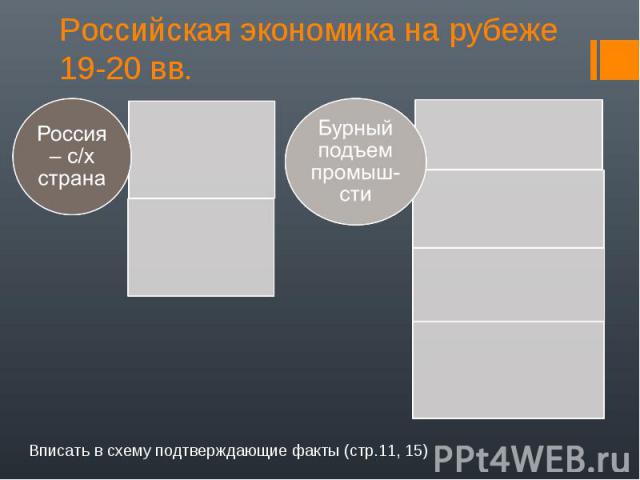Российская экономика на рубеже 19-20 вв.Вписать в схему подтверждающие факты (стр.11, 15)