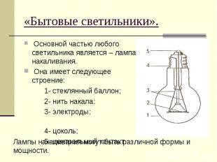 «Бытовые светильники». Основной частью любого светильника является – лампа накал