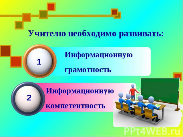 Учителю необходимо развивать:Информационную грамотностьИнформационную компетентность